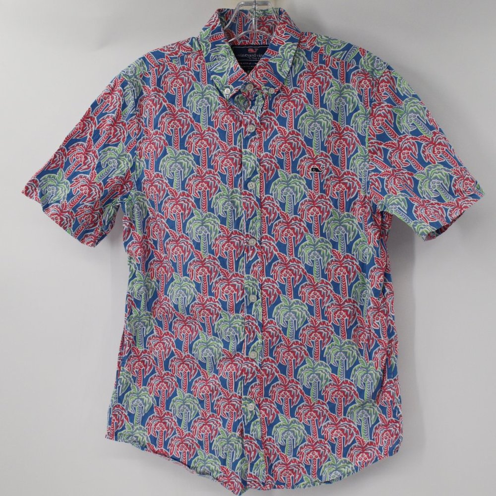 Vineyard vines hawaiian shirt men's Small Slim fit Whale‎ palm print cotton camp